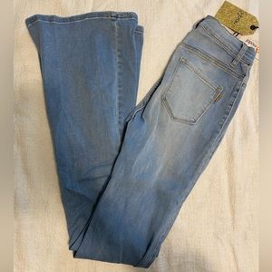 Flare, high rise, distressed jeans